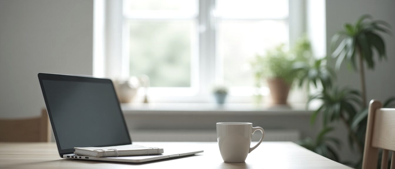 A kitchen table by a window with a closed laptop and a mug, in flat morning light