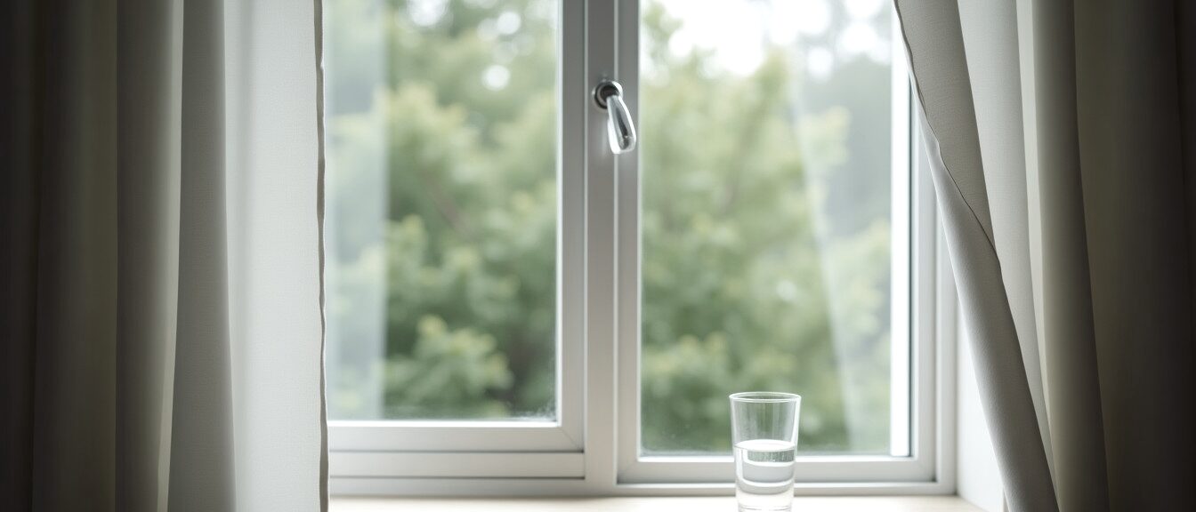 An open window with a linen curtain, a glass of water on the sill, green foliage outside
