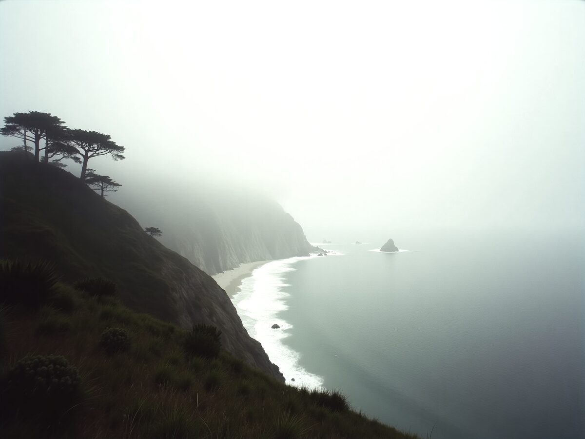 Cypress on a Big Sur bluff above the ocean in summer fog