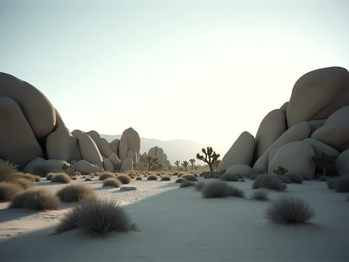 Granite boulders and joshua trees in the high desert at dawn