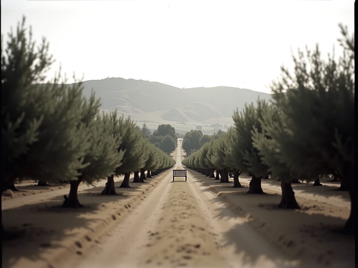 Olive rows in an Ojai valley in late afternoon light